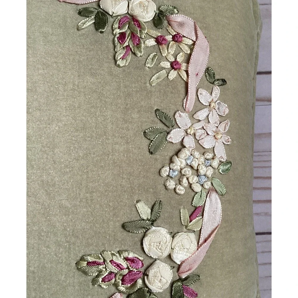 Vintage Velvet Olive Green Ribbon Embroidered Floral Decorative Pillow 12x12